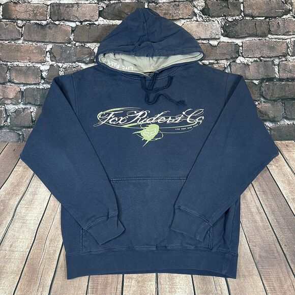 Vintage Fox Racing Riders Co Blue Hoodie Men's Size Medium - Live Fast Ride Hard - Picture 1 of 12